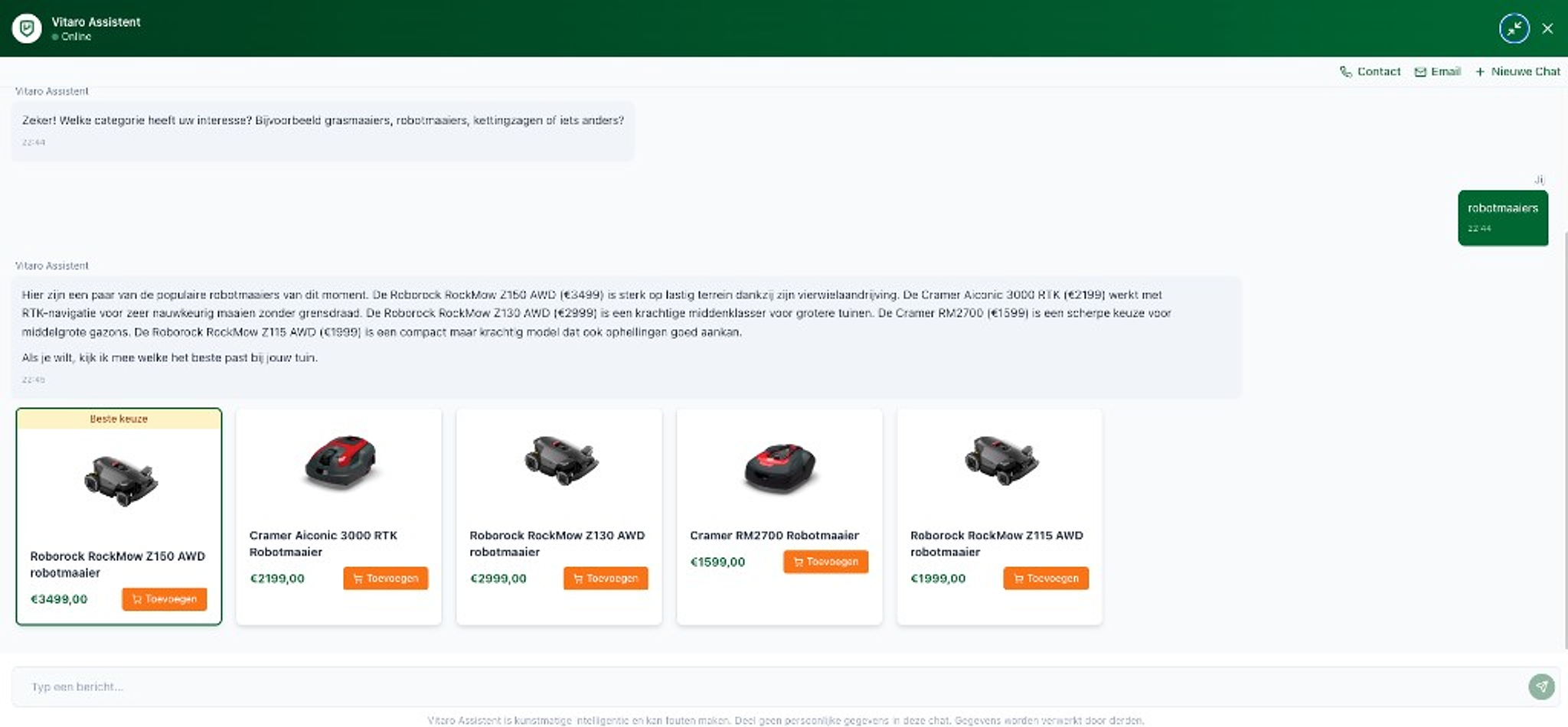 Recommendations appear with pricing and a direct path to the relevant product.